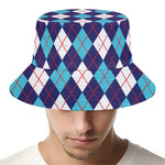 Blue White And Red Argyle Pattern Print Bucket Hat
