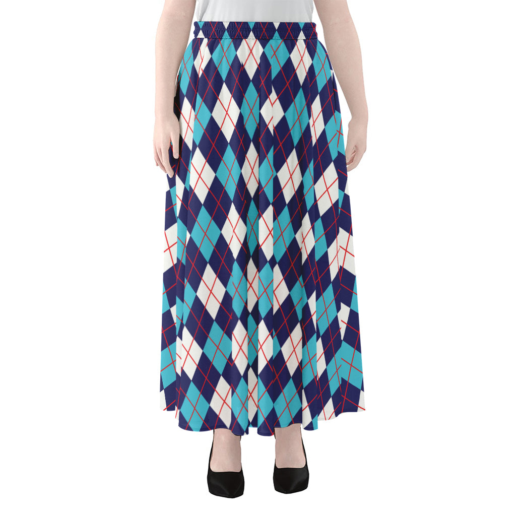 Blue White And Red Argyle Pattern Print Chiffon Maxi Skirt