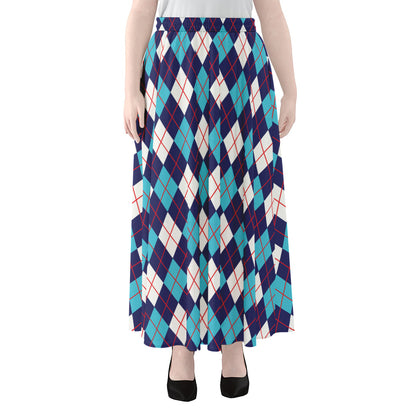 Blue White And Red Argyle Pattern Print Chiffon Maxi Skirt