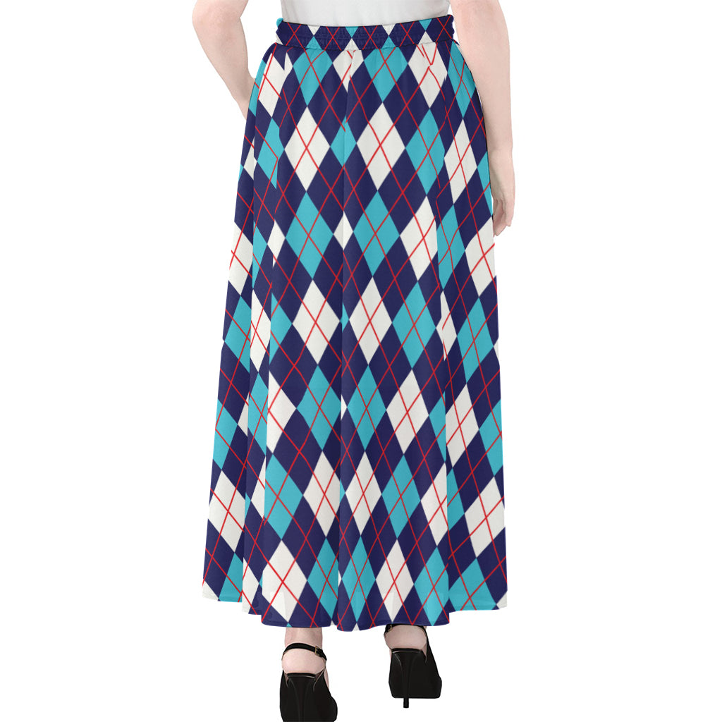 Blue White And Red Argyle Pattern Print Chiffon Maxi Skirt