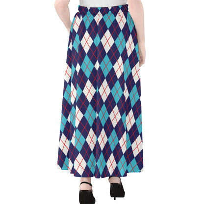 Blue White And Red Argyle Pattern Print Chiffon Maxi Skirt