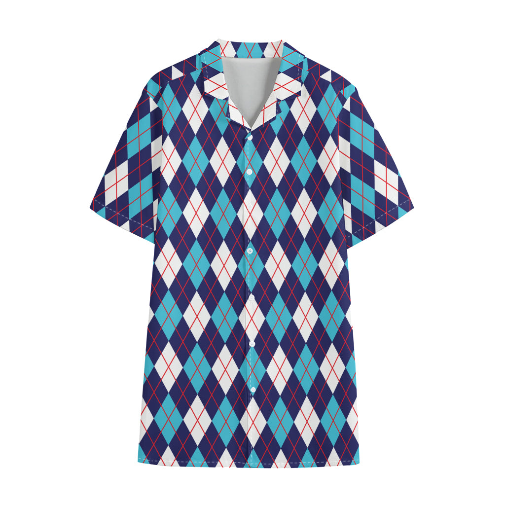 Blue White And Red Argyle Pattern Print Cotton Hawaiian Shirt