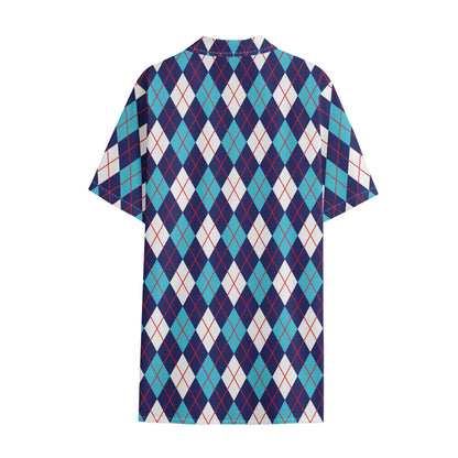 Blue White And Red Argyle Pattern Print Cotton Hawaiian Shirt