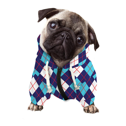Blue White And Red Argyle Pattern Print Dog Zip Up Hoodie