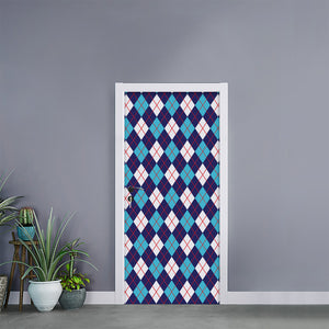 Blue White And Red Argyle Pattern Print Door Sticker