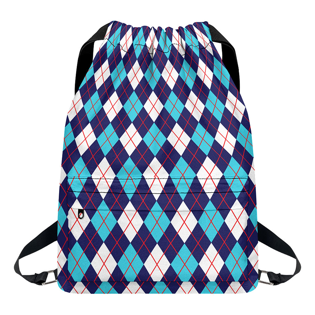 Blue White And Red Argyle Pattern Print Drawstring Backpack