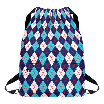 Blue White And Red Argyle Pattern Print Drawstring Backpack