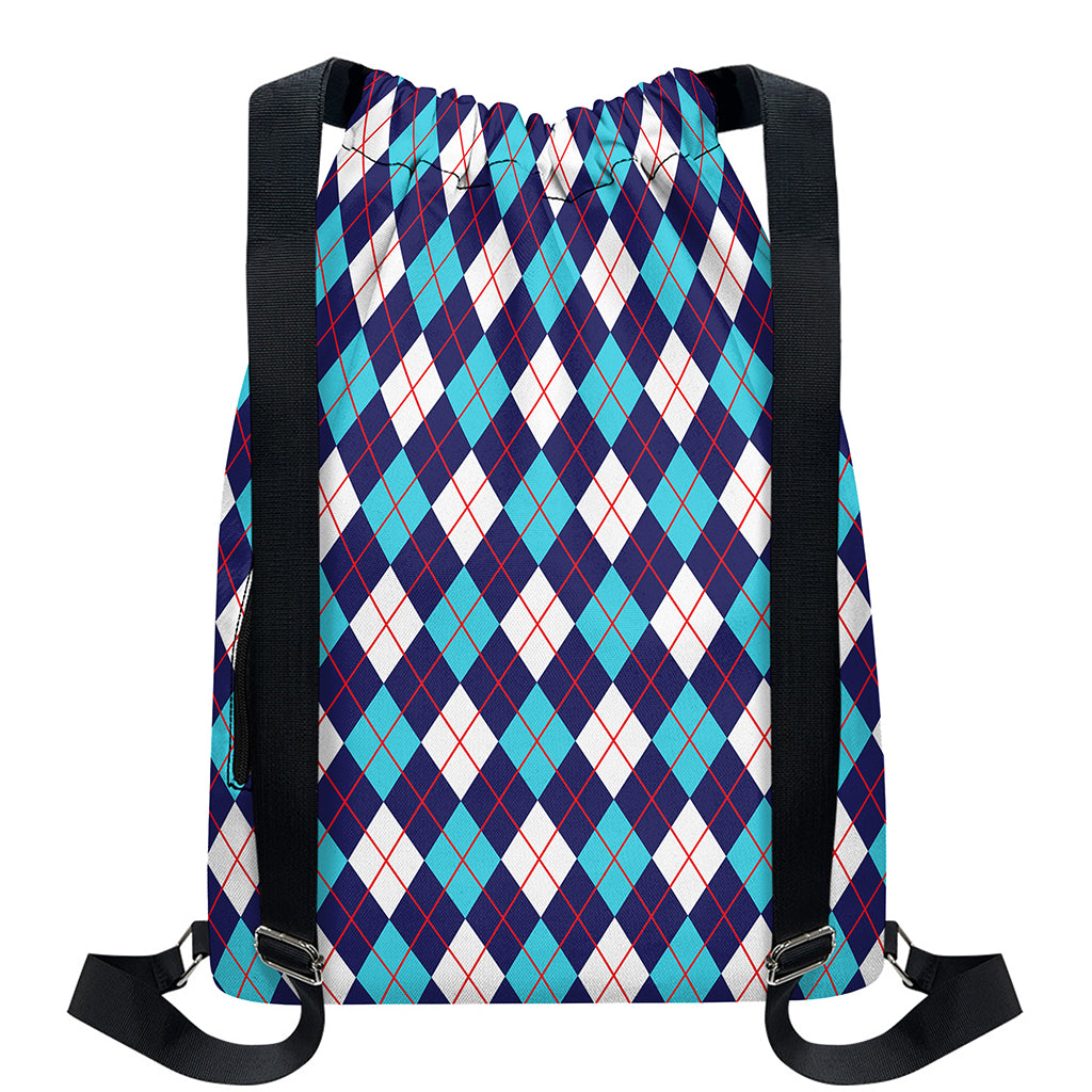 Blue White And Red Argyle Pattern Print Drawstring Backpack