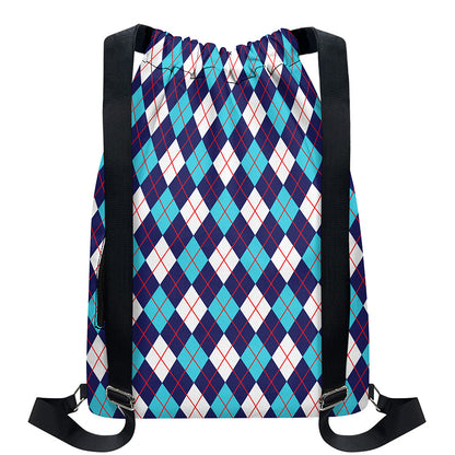 Blue White And Red Argyle Pattern Print Drawstring Backpack