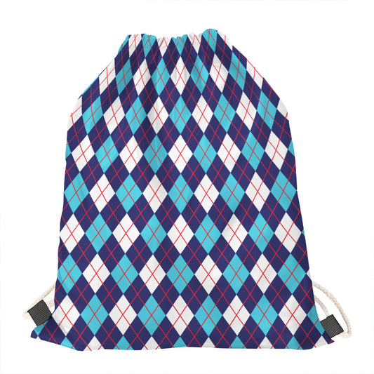 Blue White And Red Argyle Pattern Print Drawstring Bag