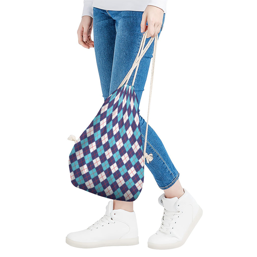 Blue White And Red Argyle Pattern Print Drawstring Bag