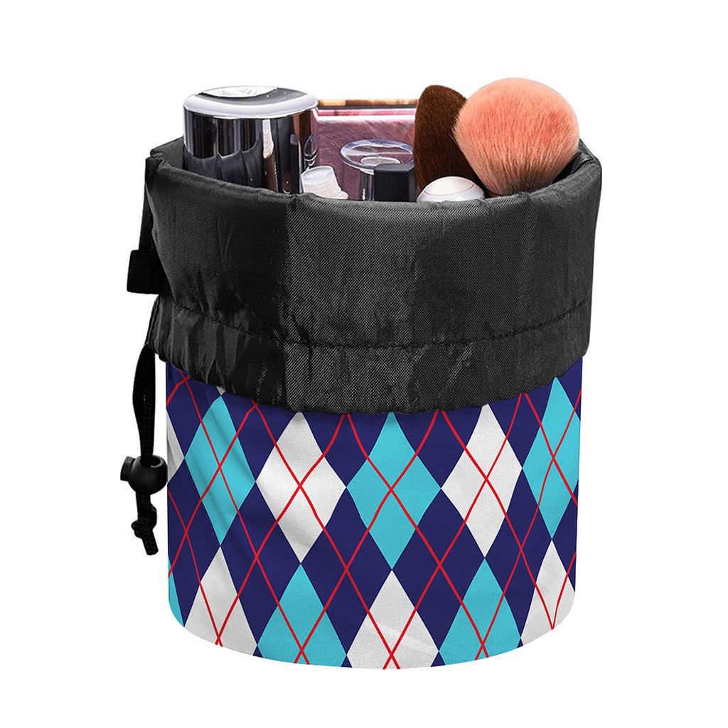 Blue White And Red Argyle Pattern Print Drawstring Makeup Bag