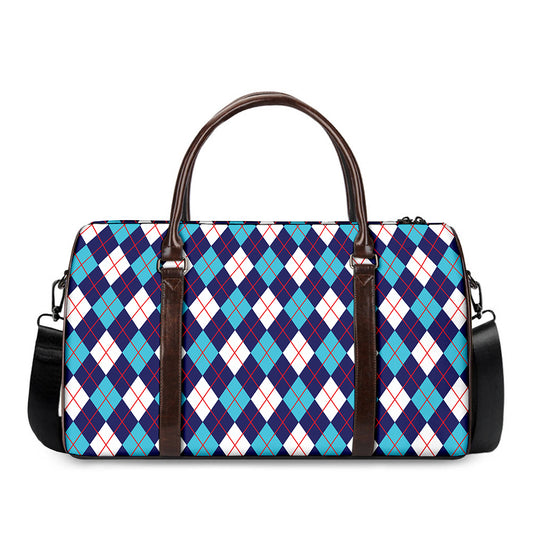 Blue White And Red Argyle Pattern Print Duffle Bag
