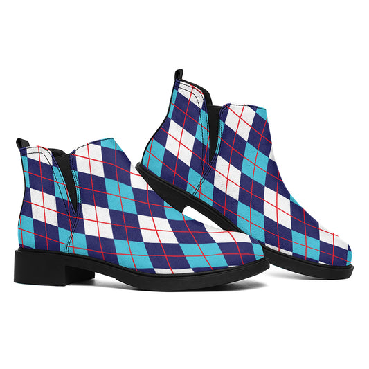 Blue White And Red Argyle Pattern Print Flat Ankle Boots