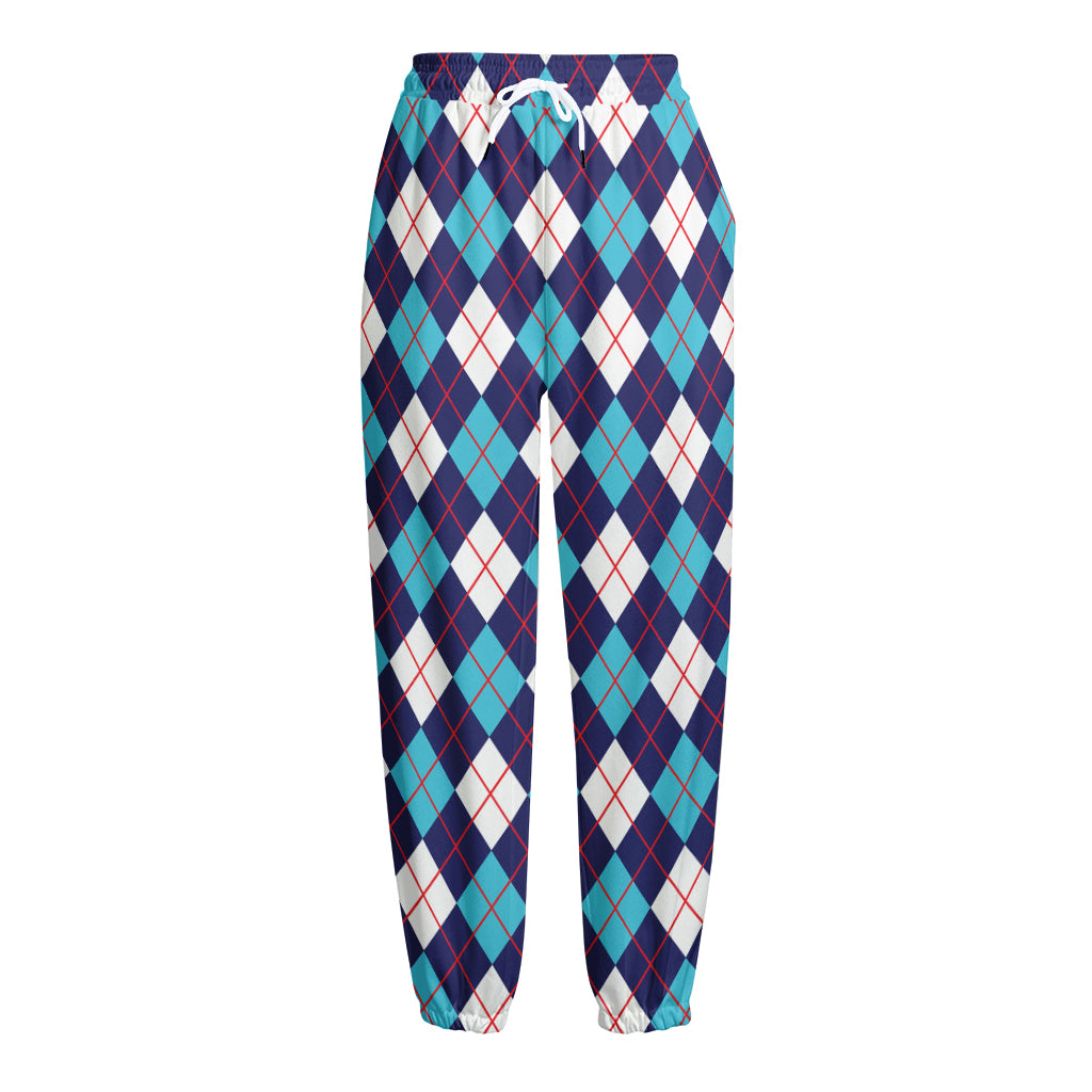 Blue White And Red Argyle Pattern Print Fleece Lined Knit Pants