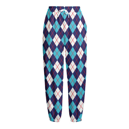 Blue White And Red Argyle Pattern Print Fleece Lined Knit Pants