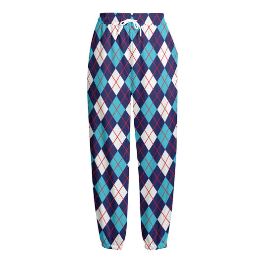 Blue White And Red Argyle Pattern Print Fleece Lined Knit Pants