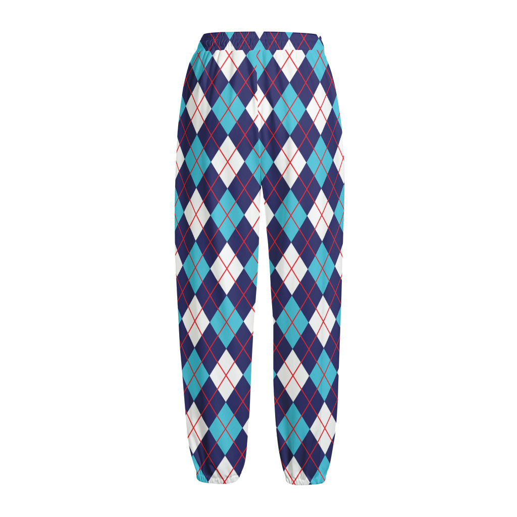 Blue White And Red Argyle Pattern Print Fleece Lined Knit Pants