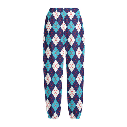 Blue White And Red Argyle Pattern Print Fleece Lined Knit Pants