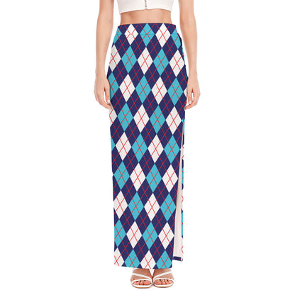 Blue White And Red Argyle Pattern Print High Slit Maxi Skirt