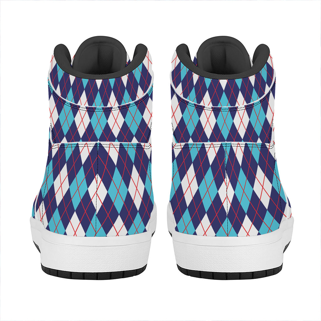 Blue White And Red Argyle Pattern Print High Top Leather Sneakers