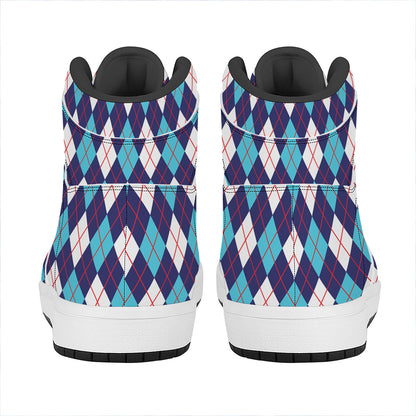 Blue White And Red Argyle Pattern Print High Top Leather Sneakers