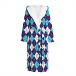 Blue White And Red Argyle Pattern Print Hooded Bathrobe