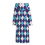 Blue White And Red Argyle Pattern Print Hooded Bathrobe