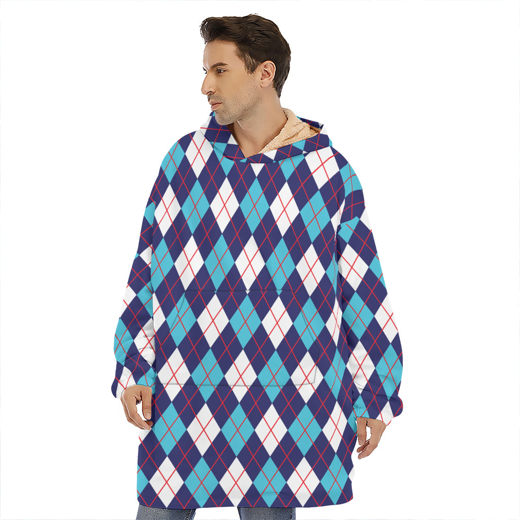 Blue White And Red Argyle Pattern Print Hoodie Blanket