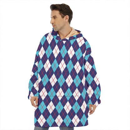 Blue White And Red Argyle Pattern Print Hoodie Blanket