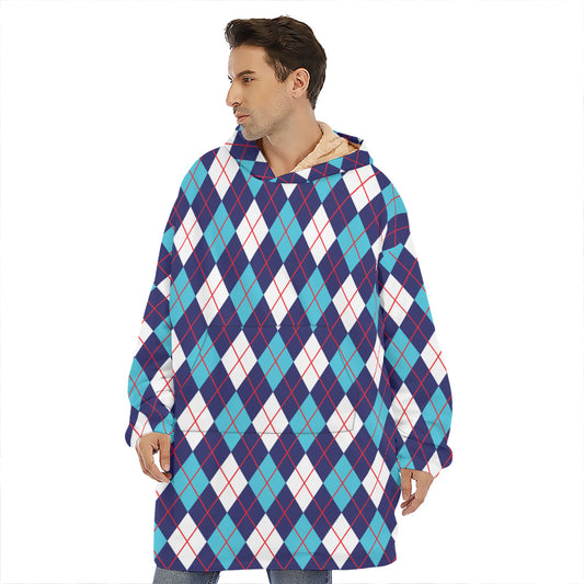 Blue White And Red Argyle Pattern Print Hoodie Blanket