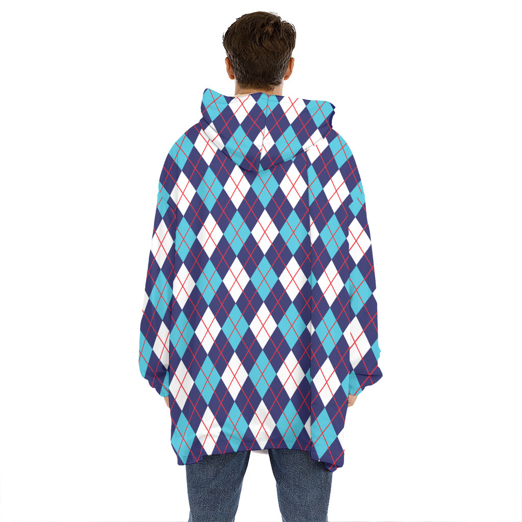 Blue White And Red Argyle Pattern Print Hoodie Blanket