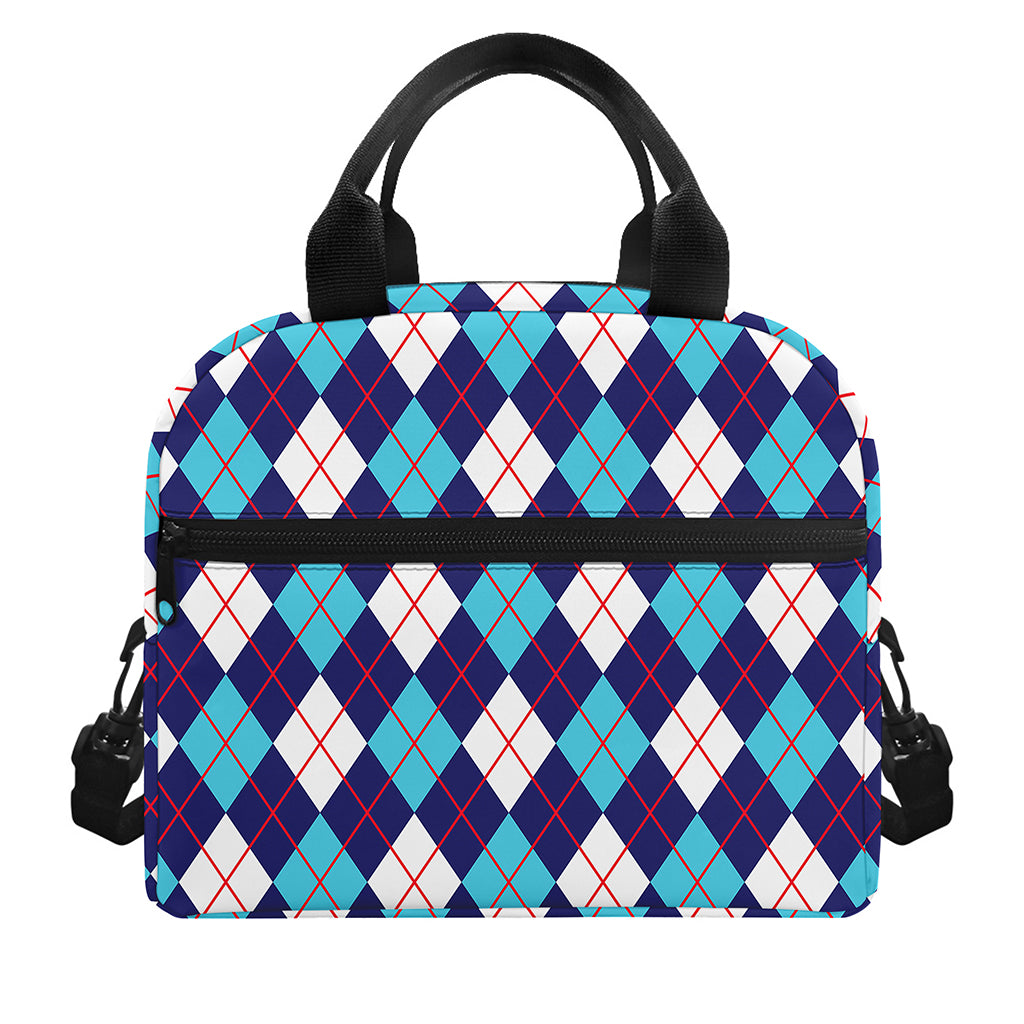 Blue White And Red Argyle Pattern Print Insulated Lunch Bag