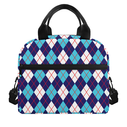Blue White And Red Argyle Pattern Print Insulated Lunch Bag