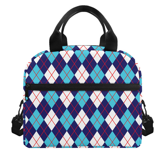 Blue White And Red Argyle Pattern Print Insulated Lunch Bag