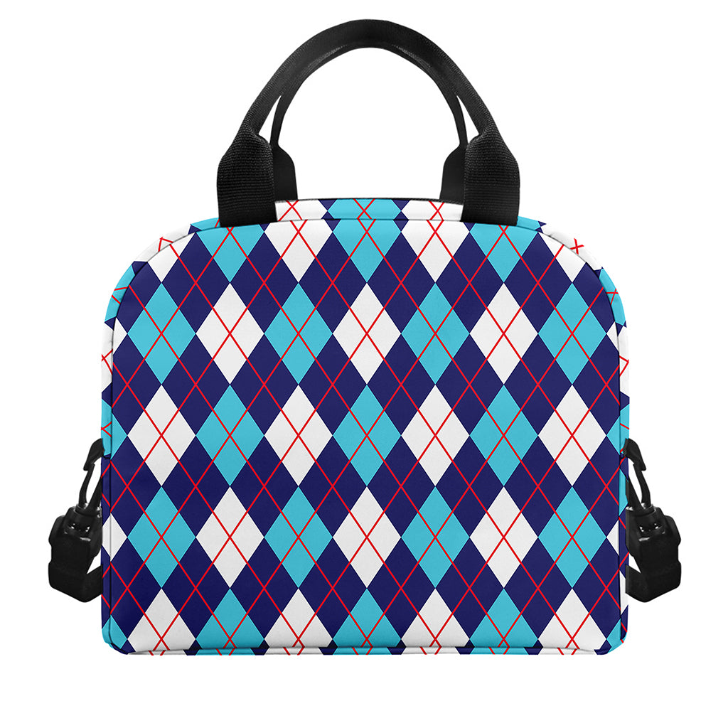 Blue White And Red Argyle Pattern Print Insulated Lunch Bag