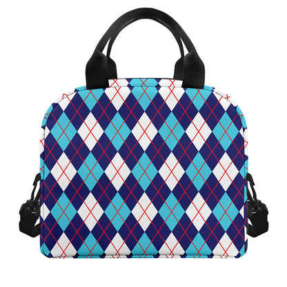 Blue White And Red Argyle Pattern Print Insulated Lunch Bag