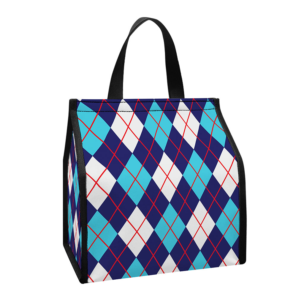 Blue White And Red Argyle Pattern Print Insulated Lunch Tote