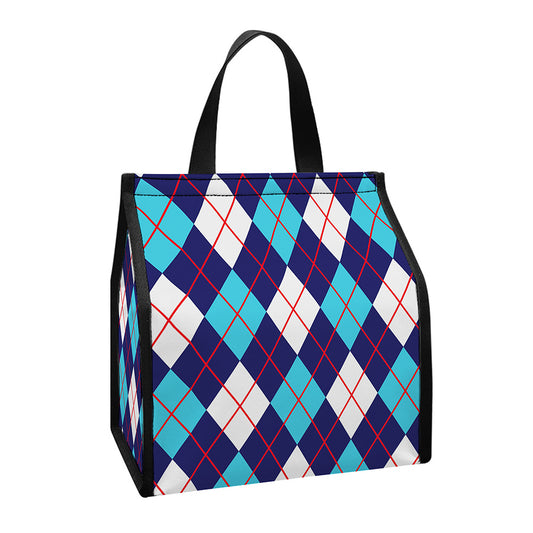 Blue White And Red Argyle Pattern Print Insulated Lunch Tote