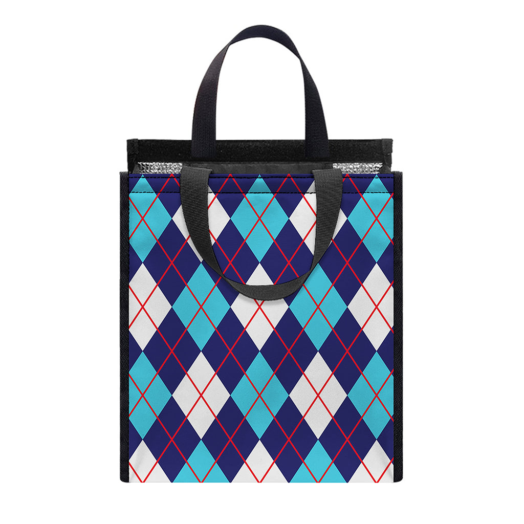 Blue White And Red Argyle Pattern Print Insulated Lunch Tote