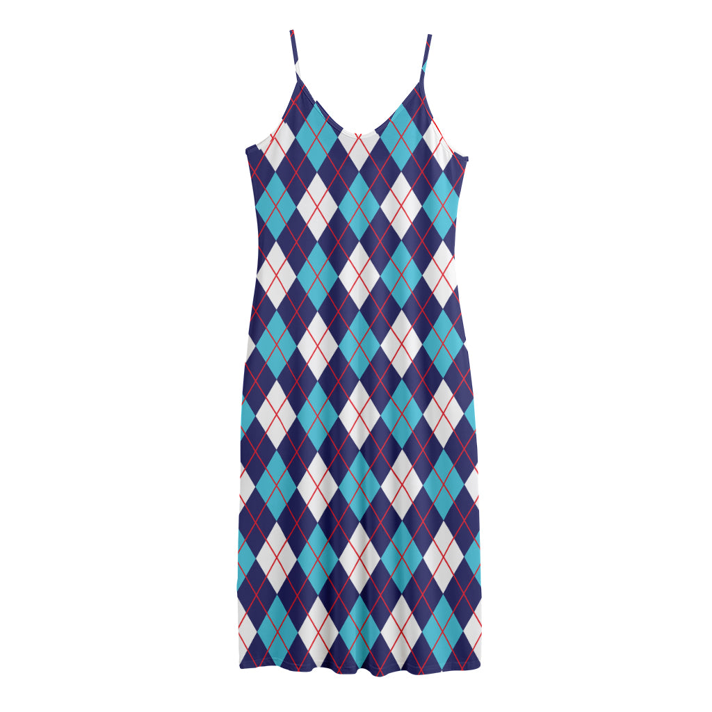 Blue White And Red Argyle Pattern Print Jersey Midi Cami Dress