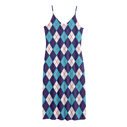 Blue White And Red Argyle Pattern Print Jersey Midi Cami Dress