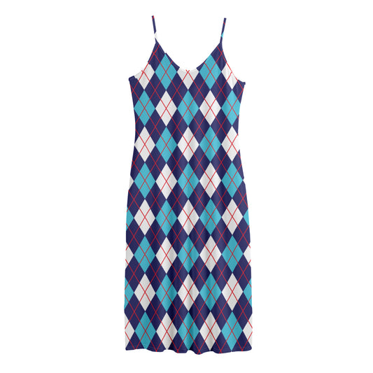 Blue White And Red Argyle Pattern Print Jersey Midi Cami Dress