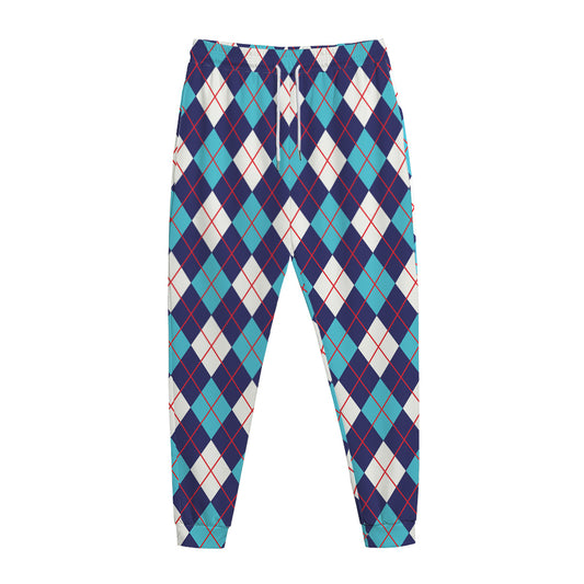 Blue White And Red Argyle Pattern Print Jogger Pants