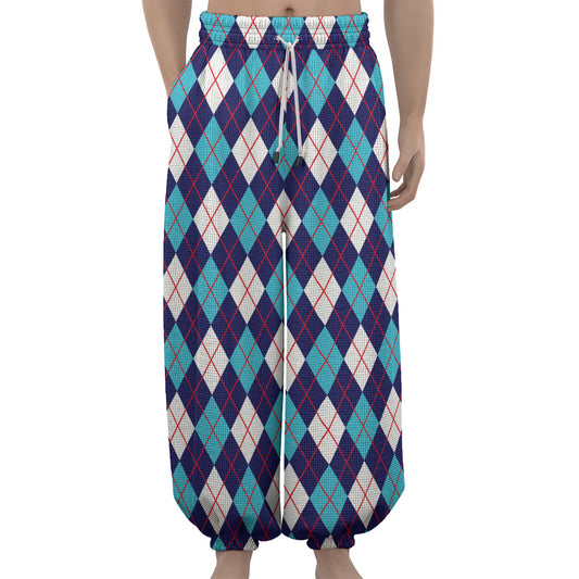 Blue White And Red Argyle Pattern Print Lantern Pants