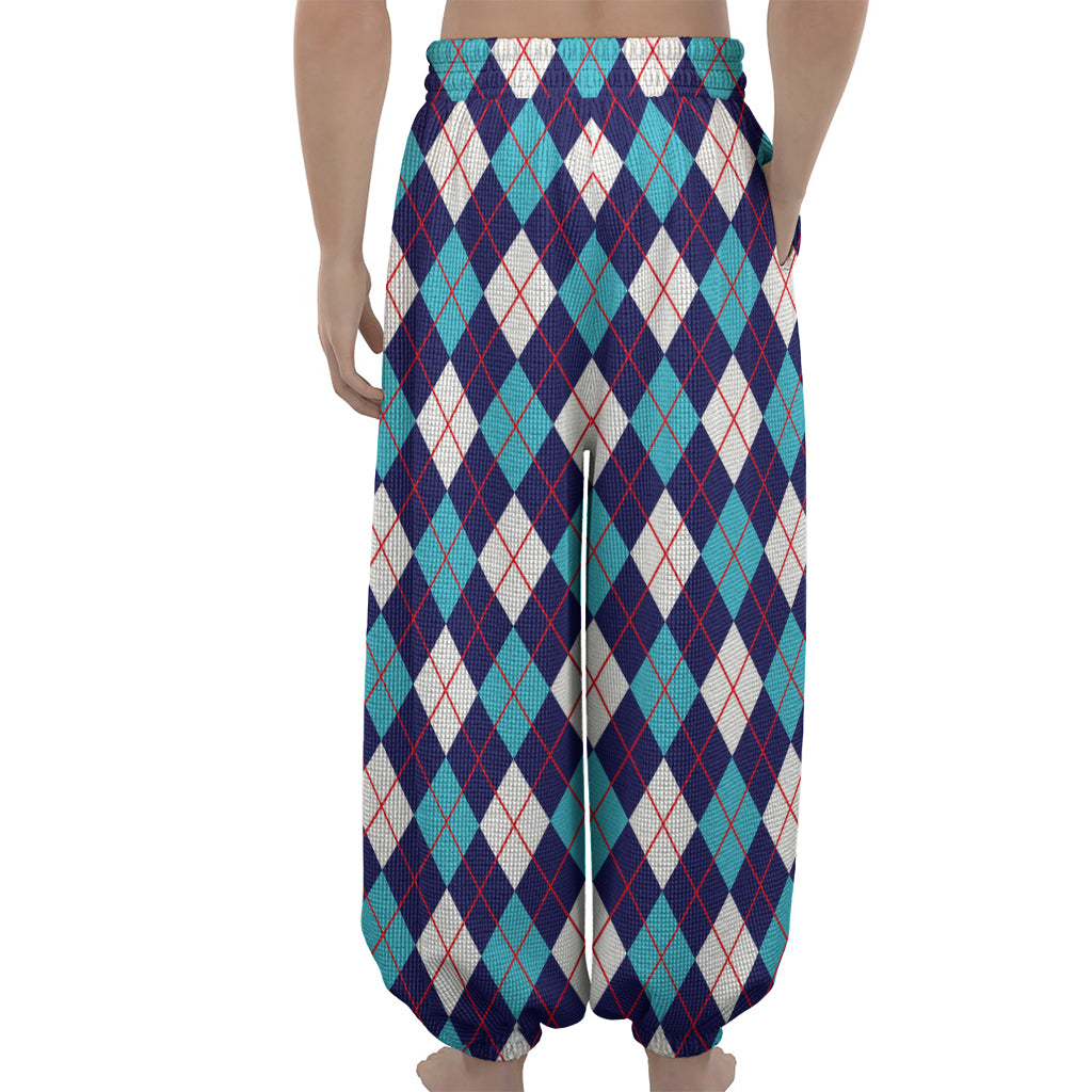 Blue White And Red Argyle Pattern Print Lantern Pants
