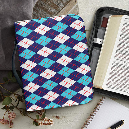 Blue White And Red Argyle Pattern Print Leather Bible Cover