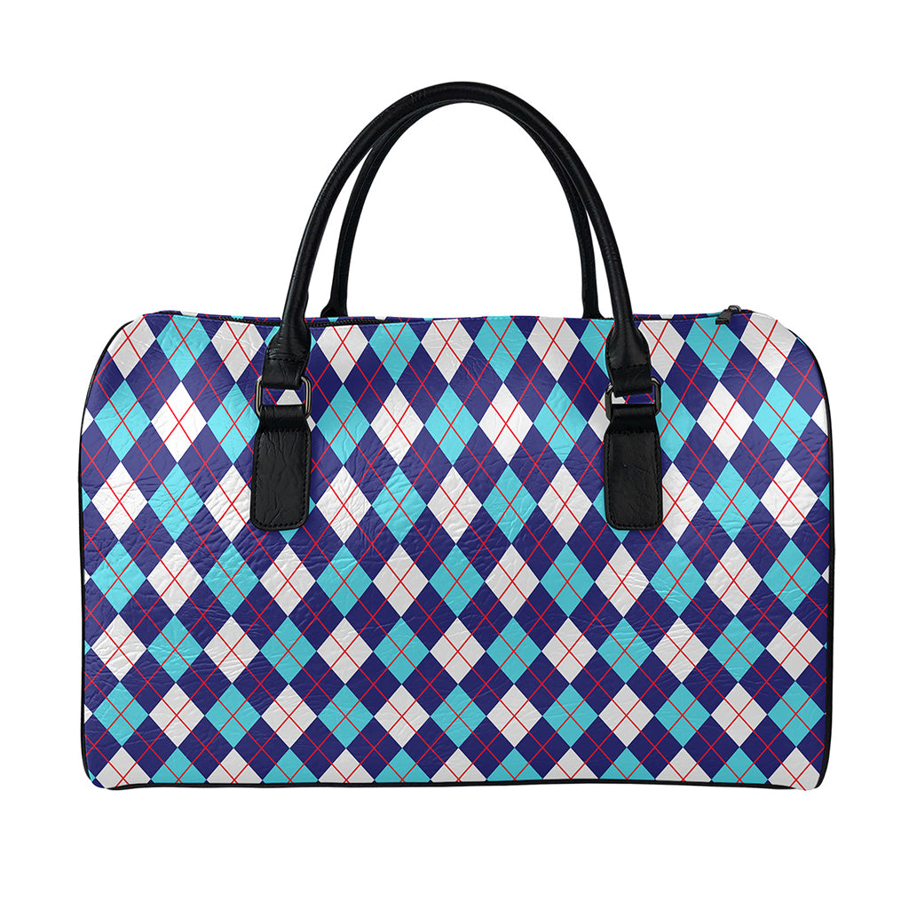 Blue White And Red Argyle Pattern Print Leather Duffle Bag