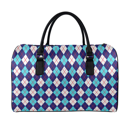 Blue White And Red Argyle Pattern Print Leather Duffle Bag
