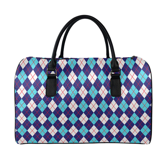 Blue White And Red Argyle Pattern Print Leather Duffle Bag